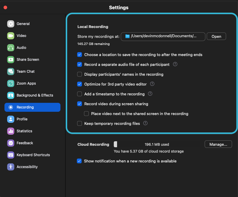 Zoom Local Recording Settings Image
